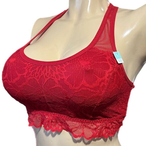 Victoria’s Secret Pink Unlined lace racerback long bralette bra Ruby Red Large - Picture 1 of 3